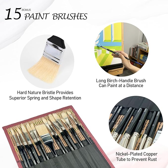 Falling in Art Oil Paint Brush Set, Natural Hog Bristle Paintbrush Set, 15PCS Long Handled Professional Paint Brushes for Acrylic Painting, Oil Paint Brushes with Bamboo Storage Pouch