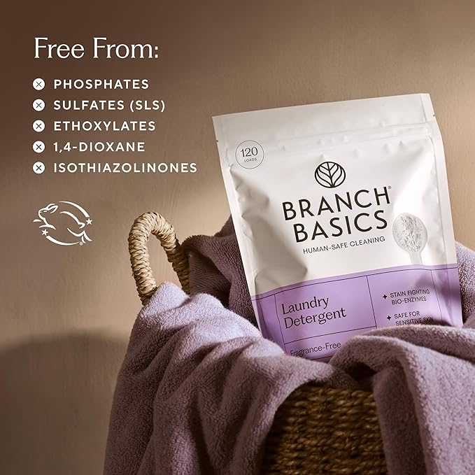 Branch Basics Laundry Detergent – 4lbs (120 loads) | Plant & Mineral-Based Formula | Lifts Stains & Removes Odor | Plastic-Free, Fragrance-Free & Safe for Sensitive Skin