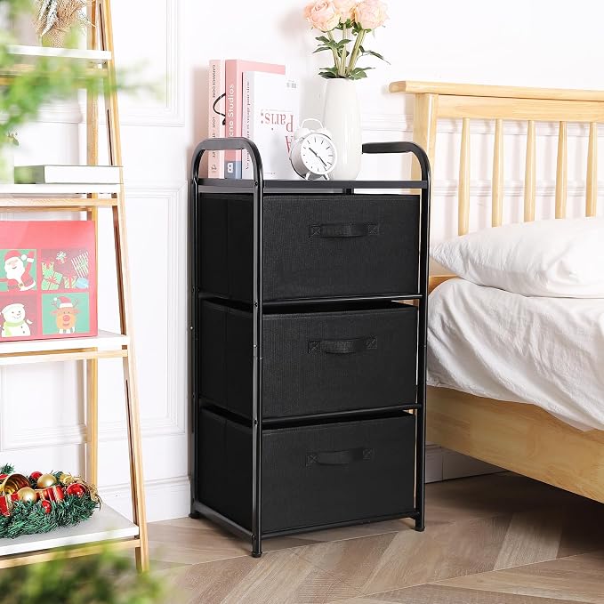 MAX Houser Dresser Storage with 3 Fabric Drawers, Black | Vertical Storage Unit for Bedroom,Chest of Drawers with Metal Frame, Wooden Tabletop, for Living Room, Closet
