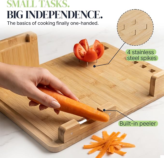 Adaptive One-Handed Cutting Board with Stainless Spikes, Safety Peeler, Bread Stops, Movable Block & 6 Mandoline Blades — Bamboo Kitchen Tool to Cook with One Hand