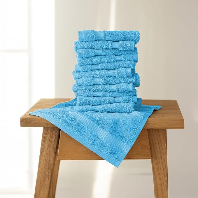 SALBAKOS 12-Piece 100% Turkish Cotton Washcloths and Face Towels, Aqua | 13x13 in Standard Size Small Towel, Multi-use Bathroom & Kitchen, Thick Super Soft Absorbent Durable, Oeko-Tex Made in Turkey