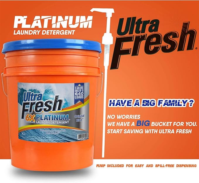 Ultra Fresh 6X Platinum Laundry Detergent, 5 Gallon, Bundled with Spring Fresh Fabric Softener and Pump, Up to 640 Loads, Orange/Blue