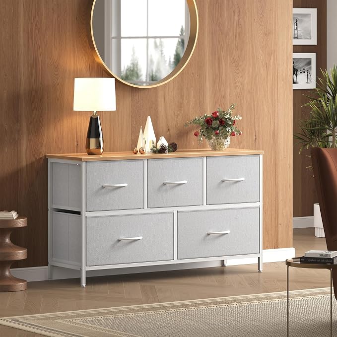OLIXIS 5 Drawer Dresser for Bedroom, Storage Organizer Unit for Closet | Chest of Drawers for Clothes Storage with Bins, Wide Fabric Bedroom Dresser, Wooden Top, Living Room, Light Grey