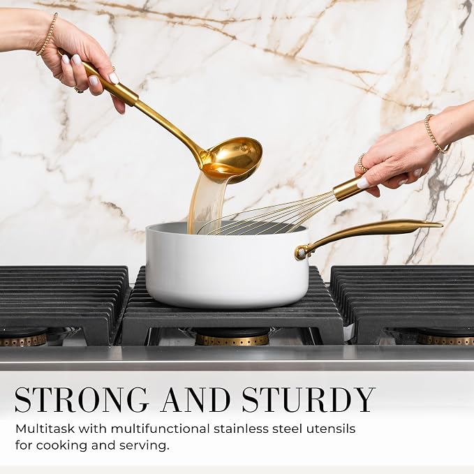 Styled Settings White and Gold Cooking Utensils Set with Holder - 15-Piece Silicone Cooking Tools with Utensil Holder, Measuring Cups, and Spoons - Elegant White and Gold Kitchen Accessories