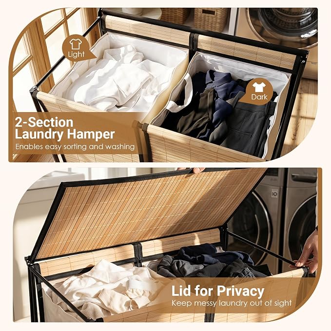 GOFLAME Bamboo Laundry hamper with Lid, 2-Section Rolling Laundry Basket with Removable Liners and Wheels, 70L Large Clothes Laundry Hamper for Bedroom, Bathroom, Laundry Room