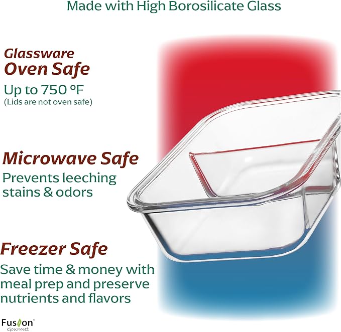 Glass Prep Containers - 8 Pack 2 Compartment 33 oz | High Borosilicate, 4 Large 980 ml, 4 Small 140 ml, BPA-Free Lids, Airtight Silicone Seal, Oven Safe 752 F, Dishwasher Safe