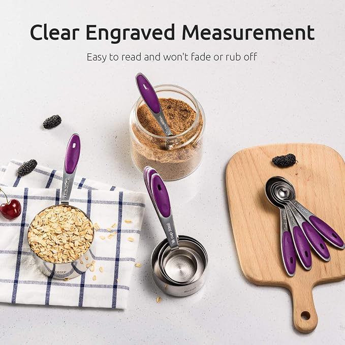 U-Taste 10 Piece Measuring Cups and Spoons Set in 18/8 Stainless Steel, and 18/8 Stainless Steel 3.9 inch 30 Mesh Strainer (Purple)