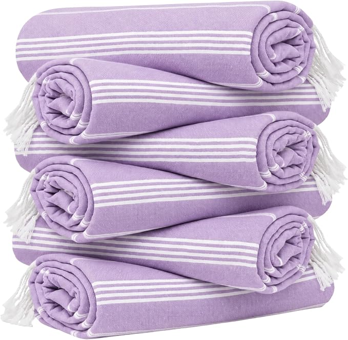 HAVLULAND Turkish Beach Towel Set of 6 Oversized 72x40 100% Turkish Cotton | Soft Hammam Peshtemal, Sand Free, Quick-Dry, Absorbent Bath Towel, Lightweight & Compact for Travel, Pool, Gym, Spa - Lilac
