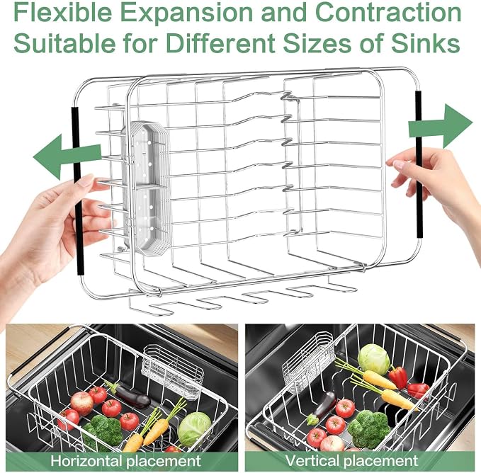 Small Dish Drying Rack in Sink, Extendable Stainless Steel Dish Drainers for Kitchen Counter, Anti-Rust Dish Dryer Rack with Utensil & Cup Holders, for Inside Sink, Over The Sink(for 1-2 People)
