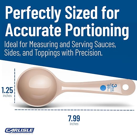 Carlisle FoodService Products 3 Oz Solid Portion Control Spoon – Short Handle Measuring Spoon – Beige Polymer Foodservice Spoon for Commercial Kitchens, (Pack of 12)