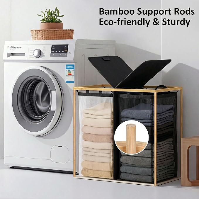 efluky Laundry Hamper with Lid, Double Laundry Basket with 2 Removable Bags, 2 Section Laundry Bin with Bamboo Handles for Bathroom, Bedroom & Laundry Room, 140L (36.9 Gallon) Black
