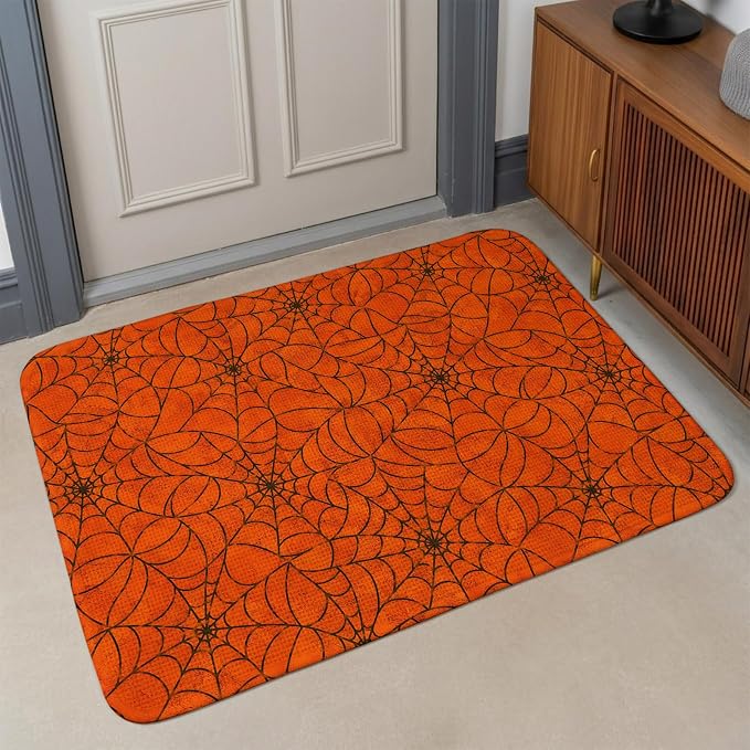 Front Door Mat Indoor Outdoor 19.7"x31.5", Orange Halloween Absorbent Non Slip Welcome Mat, Black Spiders Net Classic Gingham Low Profile Entryway Rug for Front Entrance Porch Back Door Patio