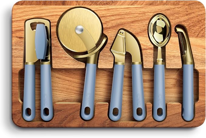 COOK WITH COLOR 6-Piece Kitchen Tool Set with Acacia Wood Cutting Board, Can Opener, Pizza Cutter & Prep Essentials, Blue