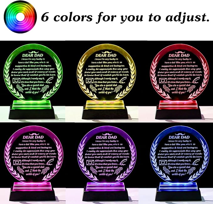 Arikyrist Fathers Day Dad Gifts from Daughter Son Crystal Dad Plaque with LED Light Base Presents for Dad's Birthday Christmas