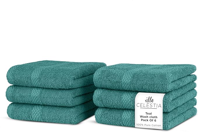 Villa Celestia Cotton Washcloths Set of 6, 12x12 Inch, 100% Ring-Spun Combed Cotton, Soft Absorbent Quick-Dry Wash Cloths for Face and Body, Oeko-TEX Certified, Hotel & Spa Quality, Teal