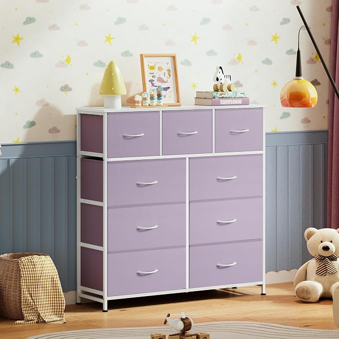 WLIVE 9 Drawer Dresser, Fabric Storage Tower for Bedroom, Hallway, Closet, Tall Chest Organizer Unit for Bedroom with Fabric Bins, Steel Frame, Wood Top, Easy Pull Handle, Purple
