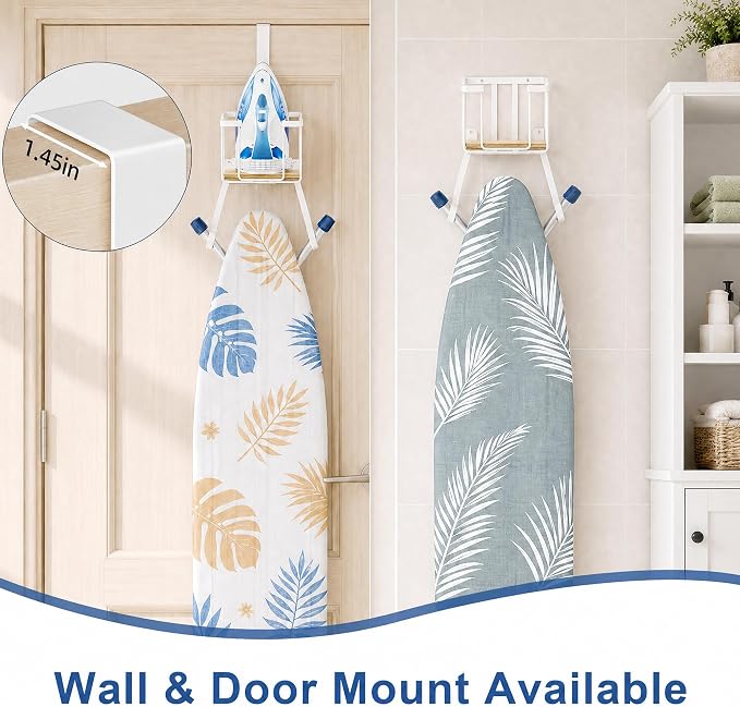 ORLESS Ironing Board Hanger Over Door & Wall Mount, White | 2 in 1 Heavy Duty Iron Board Holder with Storage Basket, Fits T/Y Boards, Laundry Room Space Saver