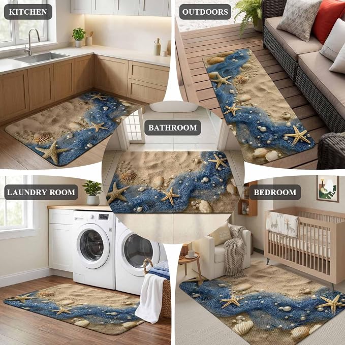Entryway Rug Indoor Outdoor 31.5"x47.2", Coastal Beach Absorbent Non Slip Floor Mat, Summer Nautical Blue Fishing Net Conch Low-Profile Welcome Mats for Front Door Patio Mudroom Garage Entrance