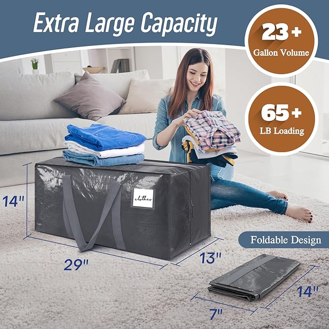 6 Pack Extra Heavy Duty Large Moving Bags with Strong Zipper, Gray | Comfortable Handles, Sturdy & Durable Clothes Storage Bags Totes Bins, Blue Packing Moving Boxes for College Supplies