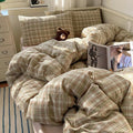 mixinni Full Size Duvet Cover Set - 3 Piece Washed Cotton Vintage Geometric Plaid Bedding Set with Zipper Closure, Soft & Breathable Green Pink White Buffalo Check Pattern for All Seasons