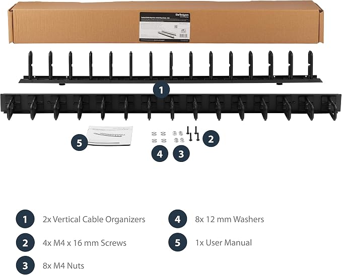 StarTech 40U Vertical Server Rack Cable Manager, 2-Pack 3ft (CMVER40UD) | 2-pack 20U network rack cord manager panels, D-ring hooks, 30 integrated D-rings, 2x 3ft (91cm) wire organizers, 19in rack