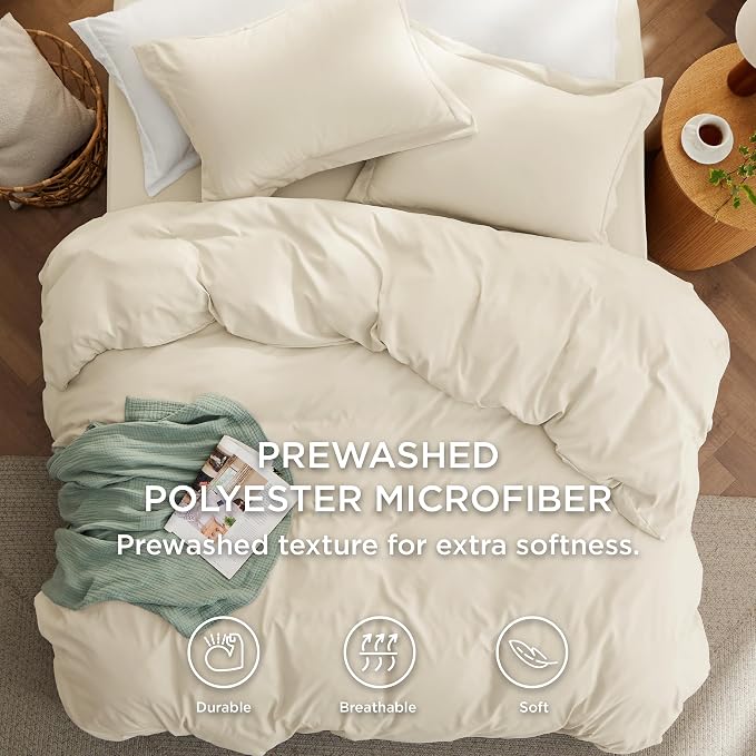 Bedsure California King Size Duvet Cover with Fitted Sheet - 4 Pieces Prewashed Cotton-Like Polyester Soft Bedding Set, Includes 1 Duvet Cover 104''x98'', 2 Pillow Shams, 1 Fitted Sheet, Oat Milk