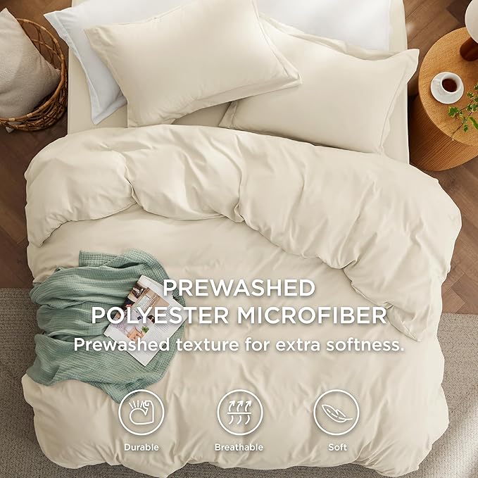 Bedsure Duvet Cover Queen Size with Fitted Sheet - 4 Pieces Prewashed Polyester Extra Soft Bedding Set, Includes 1 Duvet Cover 90"x90" with Zipper Closure, 2 Pillow Shams, 1 Fitted Sheet, Oat Milk