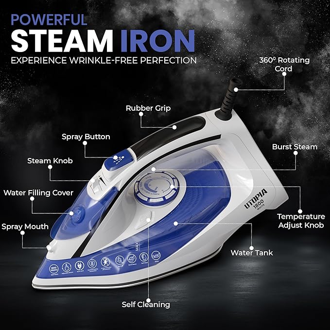 Utopia Home Steam Clothes Iron - 1800W (White Blue) Non-Stick Soleplate | Nonstick Soleplate With Auto-Off Safety Feature - Adjustable Thermostat Control, Variable Steam Control, Self-Clean, 8ft Cord