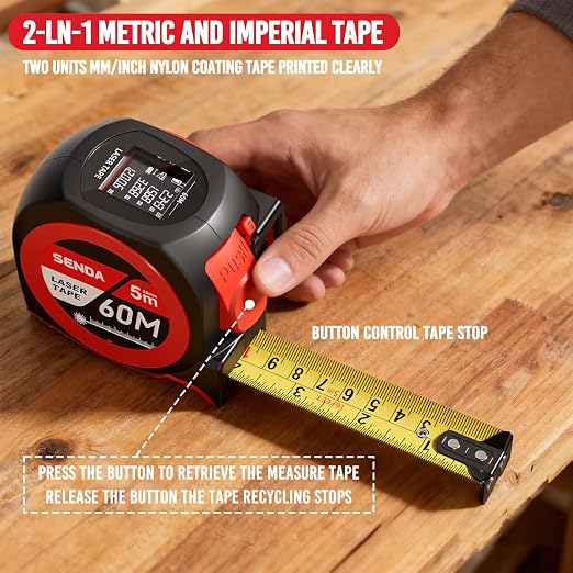 SENDA 3-in-1 Laser Tape Measure - 197Ft Rechargeable Laser Measuring Tape with Led Display & 16Ft Measuring Tool with Magnetic Hook & Auto Lock -20 Data Sets,Pythagorean/Area/Volume,Ft/Ft+in/in/M Unit