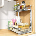 PXRACK Under Sink Organizer, Adjustable Height, 2 Tier Pull Out Cabinet Organizer, Slide Out Thickened Metal Storage for Kitchen Bathroom Laundry Pantry Cabinet, Stainless Steel, Silver, Large-1-Pack