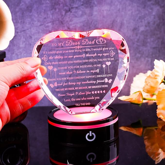 Arikyrist Dad Gifts with Colorful LED Base Meaningful Dad Birthday Gift from Daughter Son Crystal Heart to My Daddy Plaque Present for Father Who Wants Nothing on Fathers Day