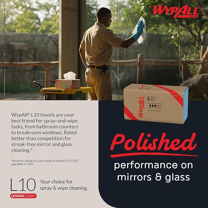 WypAll GeneralClean L10 Cloths Light Cleaning Wipes (05123), Windshield Towels, Bulk Paper Wipers, Blue (10 Packs of 224 Sheets, 2,240 Sheet Total)