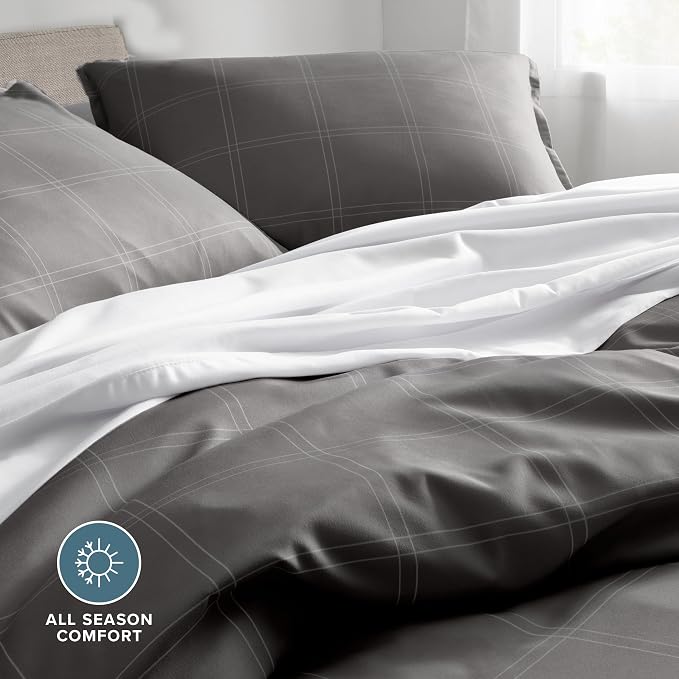 Bare Home Duvet Cover - Oversized Queen Size Bedding Set - Premium 1800 Super Soft Collection - Lightweight, Cooling - Soft Breathable Duvet Cover (Oversized Queen, Modern Plaid - Grey/White)