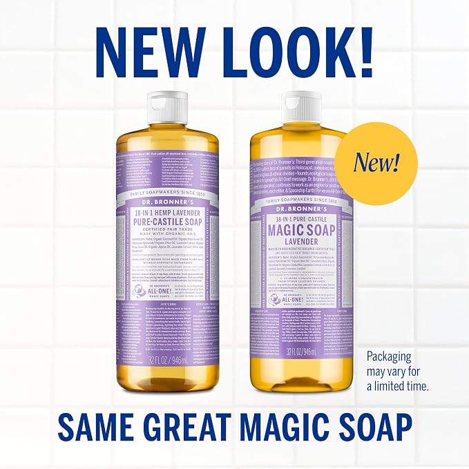 Dr. Bronner's Pure-Castile Liquid Soap, Made with Organic Oils, 18-in-1 Uses: Face, Body, Hair, Laundry, Pets and Dishes, Concentrated, Vegan, Non-GMO, Lavender, 32 Oz