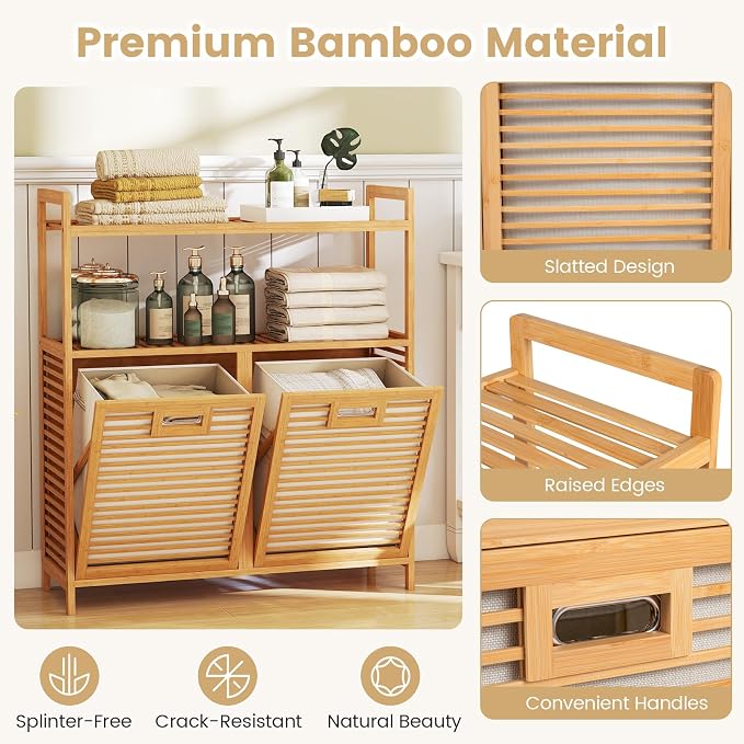 Giantex Double Tilt Out Laundry Hamper w/2-Tier Storage Shelf | 14 Gal Bamboo Laundry Storage Cabinet w/Removable Laundry Baskets, Laundry Sorter Organizer for Bathroom Living Room Bedroom