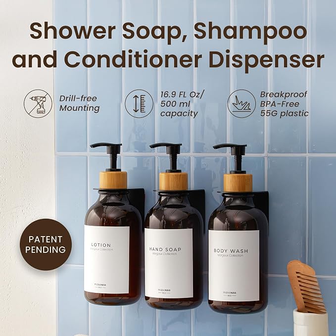 Shampoo and Conditioner Dispenser Wall Mounted Set of 3 Amber Bamboo - No Drill Shower Soap Dispenser for Bathroom Refillable - Spa Hotel Style Accessories by MaisoNovo | 500 ml Shower Gel Dispenser Set of 3. Refillable Shampoo and Conditioner Bottles....