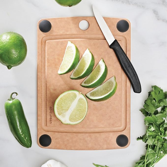 Epicurean All-In-One Cutting Board with Non-Slip Feet and Juice Groove, 10" × 7", Natural/Black