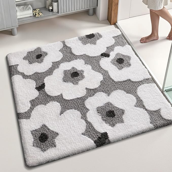 LUMI Floral Bath Mat, Soft Absorbent Square Bath Rug, Non-Slip Quick Dry Luxury Rug, Machine Washable Rugs for Bathroom Floor, Bathtub, Living Room, Home Decor, White Grey, 26"x26"