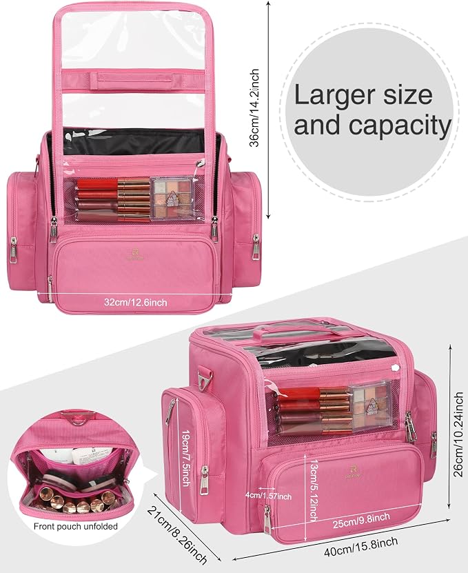 NAONAYA Pink Makeup Brush Bag, Clear Makeup Brush Holder with Lid, Extra Large Capacity Travel Cosmetic Bag Makeup Artist Must Haves,Make Up Organizers and Storage, with Adjustable Dividers