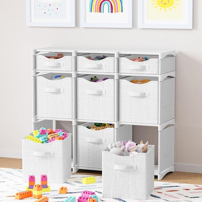 Cube Storage Organizer with 9 Storage Bins Included – Storage Cubes for Home Organization, Toy Storage, Office Storage, Living Room Storage, and General Storage Solution (White-Grey)