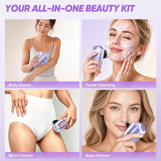 Electric Shaver for Women, Electric Razor with 7D Magnetic Shaver Heads, Wet Dry Bikini Trimmer Kit for Women & Men, Nose Ear Hair Trimmer, USB Rechargeable Clippers, Purple
