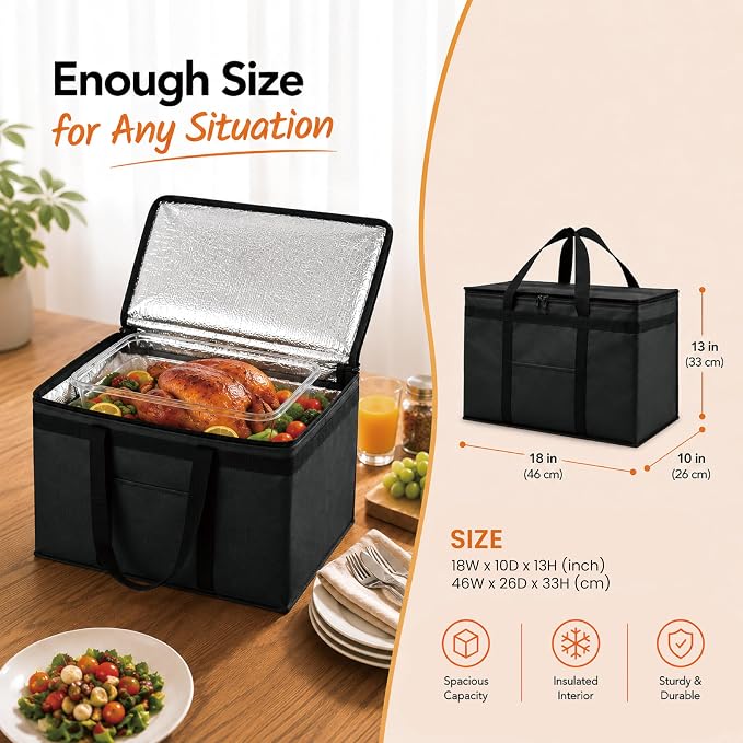 Insulated Food Bag, Portable Cooler Tote (XL Plus, Red, 2 Pack) | Large thermal bag, For cold & hot food, Soft sided cooler, Heavy duty carrier, Grocery shopping, Food delivery, Catering bag