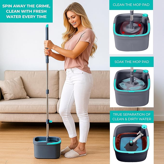 True & Tidy True Clean Spin Mop & Bucket System – Dual Compartment Design for Clean & Dirty Water, 360° Swivel Mop Head, Built-in Scrubbing Brush, Stainless Steel Handle & 2 Reusable Microfiber Pads