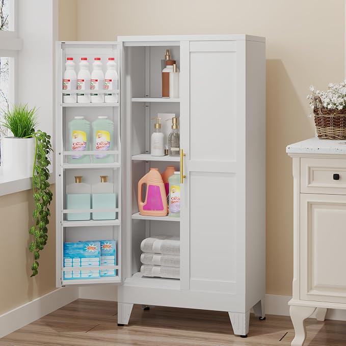 GAIOUS Metal Kitchen Pantry Cabinet, Food Storage Cabinets White Cupboard | Storage Cabinet with 2 Door and 3 Adjustable Shelves, Freestanding Steel Sideboard, with Door Shelf, for Kitchen Dinning Room