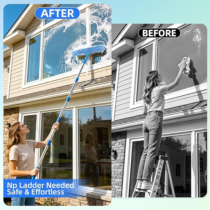 Window Cleaning Kit with 3 Gal Bucket - 14'' Window Squeegee&15'' Scrubber&76'' Long Handle Window Cleaner Tool, Professional Windows Washing Equipment for Home, Commercial Use, Outdoor, Car