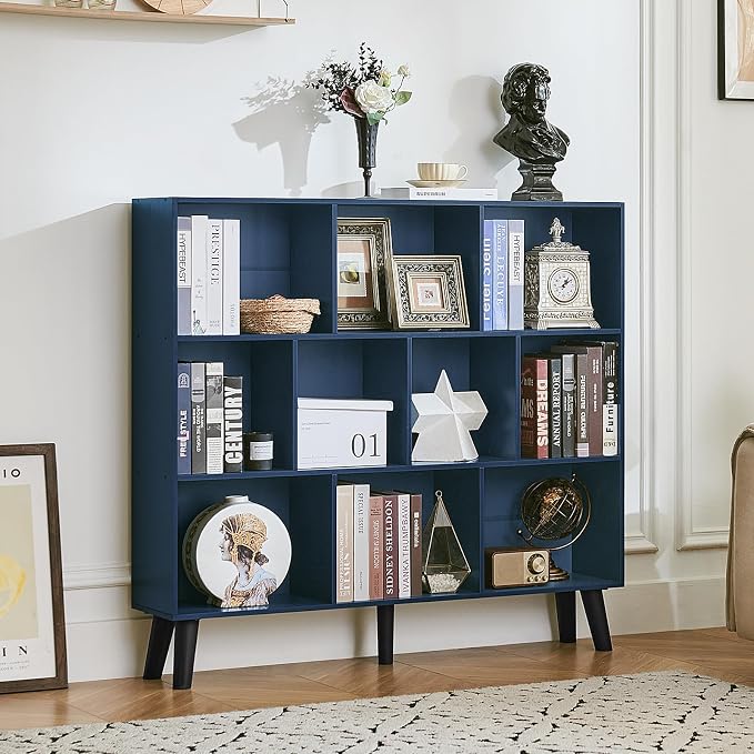 LEYAOYAO 10 Cube Bookshelf,Mid-Century Modern Bookcase with Legs,Dark Blue | 3 Tier Book Shelf,Rustic Wood Bookshelves Freestanding Large Storage Organizer, Open Shelves for Bedroom, Living Room, Office