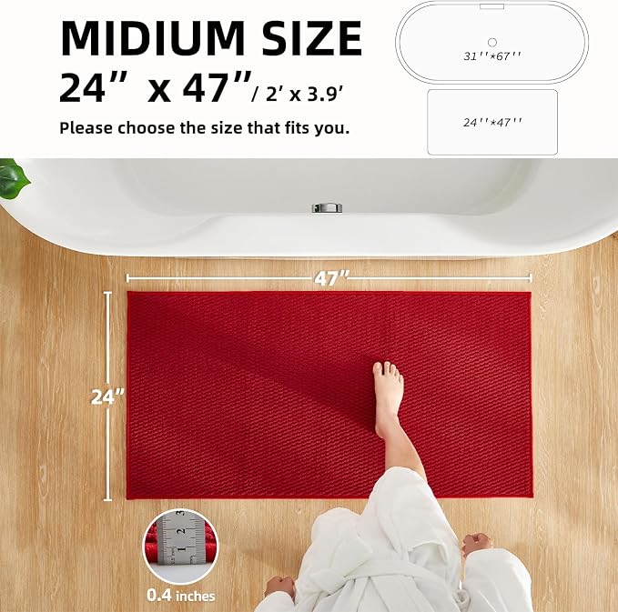 TYUU Christmas Bathroom Rugs Non Slip Washable, Super Absorbent Thin Bath Mat Quick Dry Low Pile Bathroom Rug, Red 24"x47"