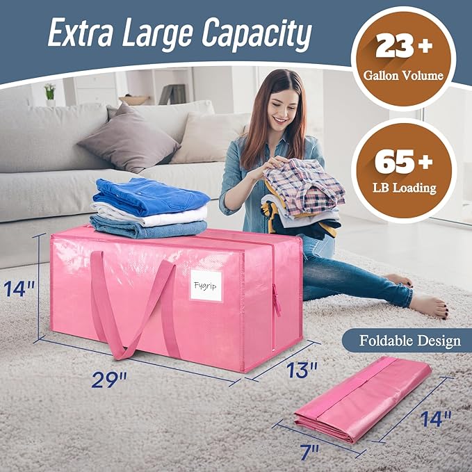 12 Pack Extra Heavy Duty Large Moving Bags with Strong Zipper, Pink | Comfortable Handles, Sturdy & Durable Clothes Storage Bags Totes Bins, Blue Packing Moving Boxes for College Supplies