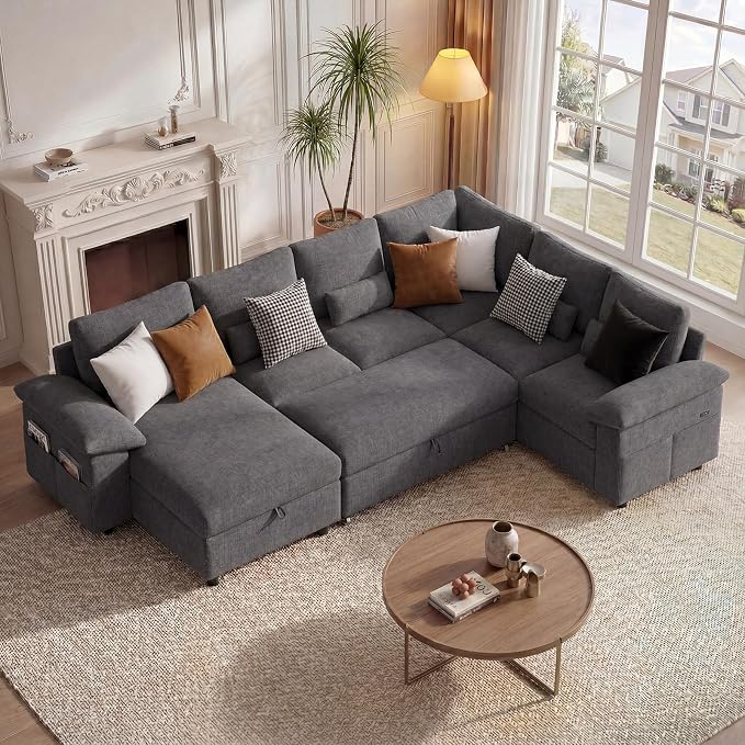 110 Inch Modular Sectional Sleeper Sofa with Pull Out Bed, U Shaped 7 Seat Cloud Modular Sectional Sofa with Storage, Chenille Sectional Couches for Living Room, Apartment, Office, Dark Grey