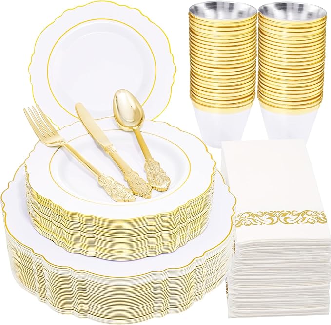 WDF Partyware 350 Pieces Gold Disposable Plates for 50 Guests, Plastic Plates for Party, Dinnerware Set of 50 Dinner Plates, 50 Salad Plate, 50 Spoons, 50 Forks, 50 Knives, 50 Cups for Wedding/Party